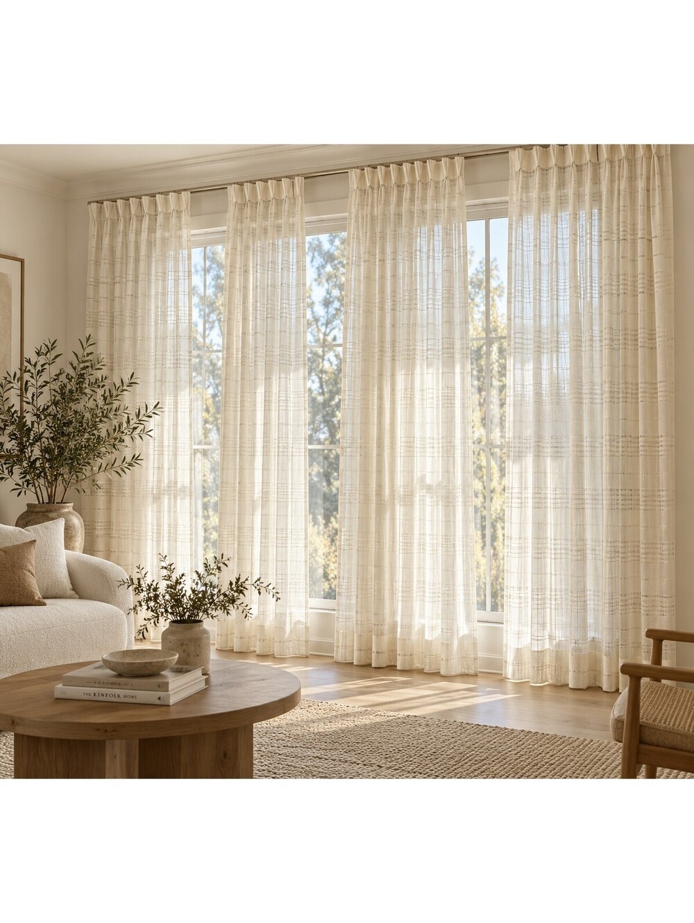 Cream Sheer Pinch Pleat Drapery Panels – Gingham Plaid – 102" Long – Set of 4